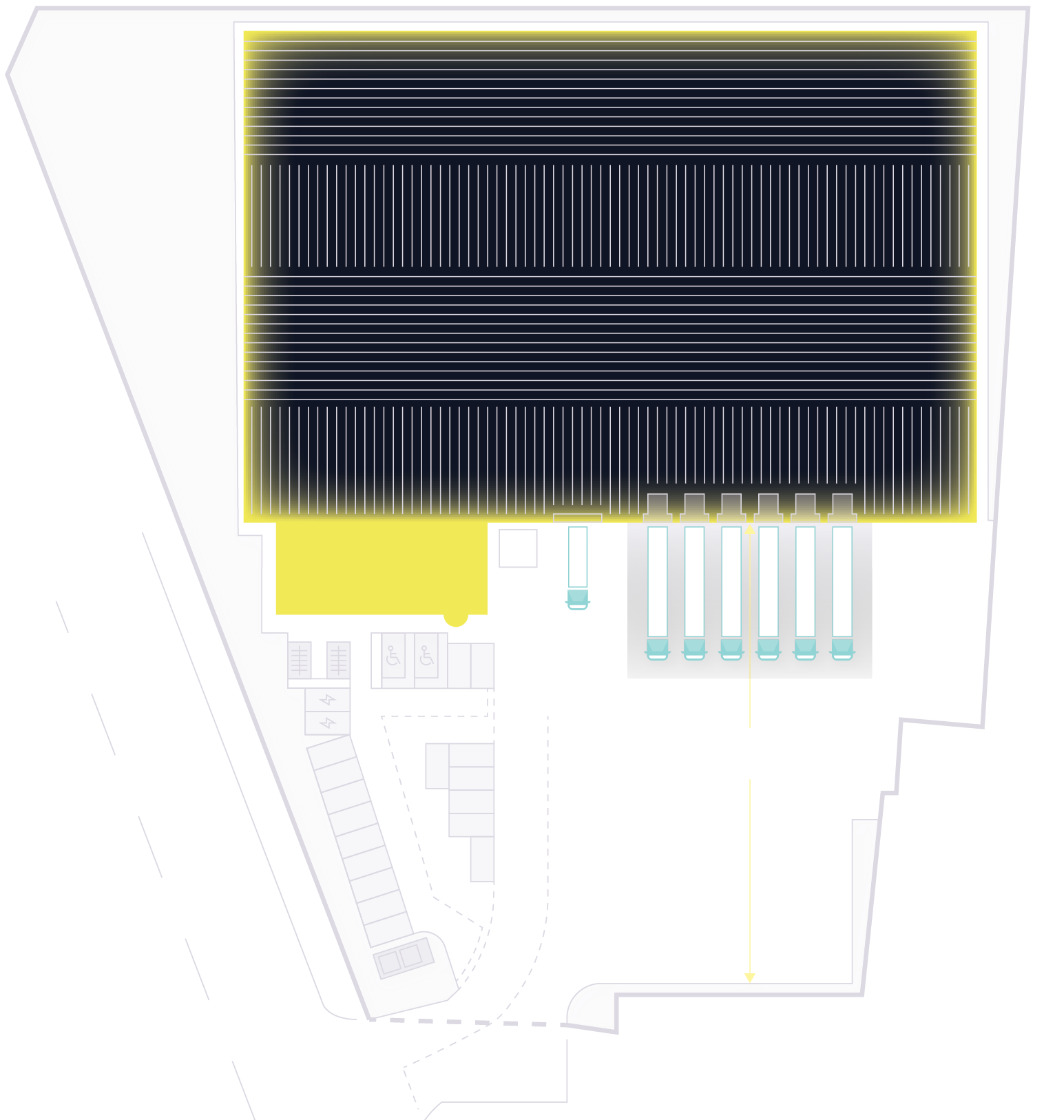 Site plan of Helix 50: the warehouse and its photovoltaic roof, two storey offices, six dock loading doors, level access door, secure yard, car and cycle parking
